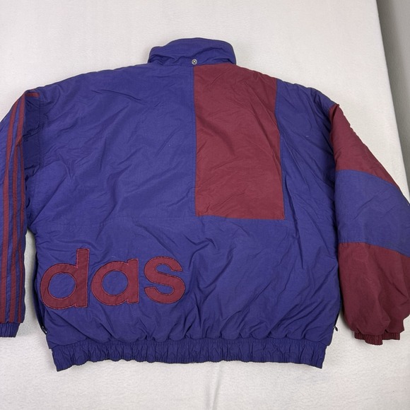Vintage 90s Adidas Big Logo Wrap Around Puffer Jacket XL Blue Maroon Quilted - Picture 9 of 10